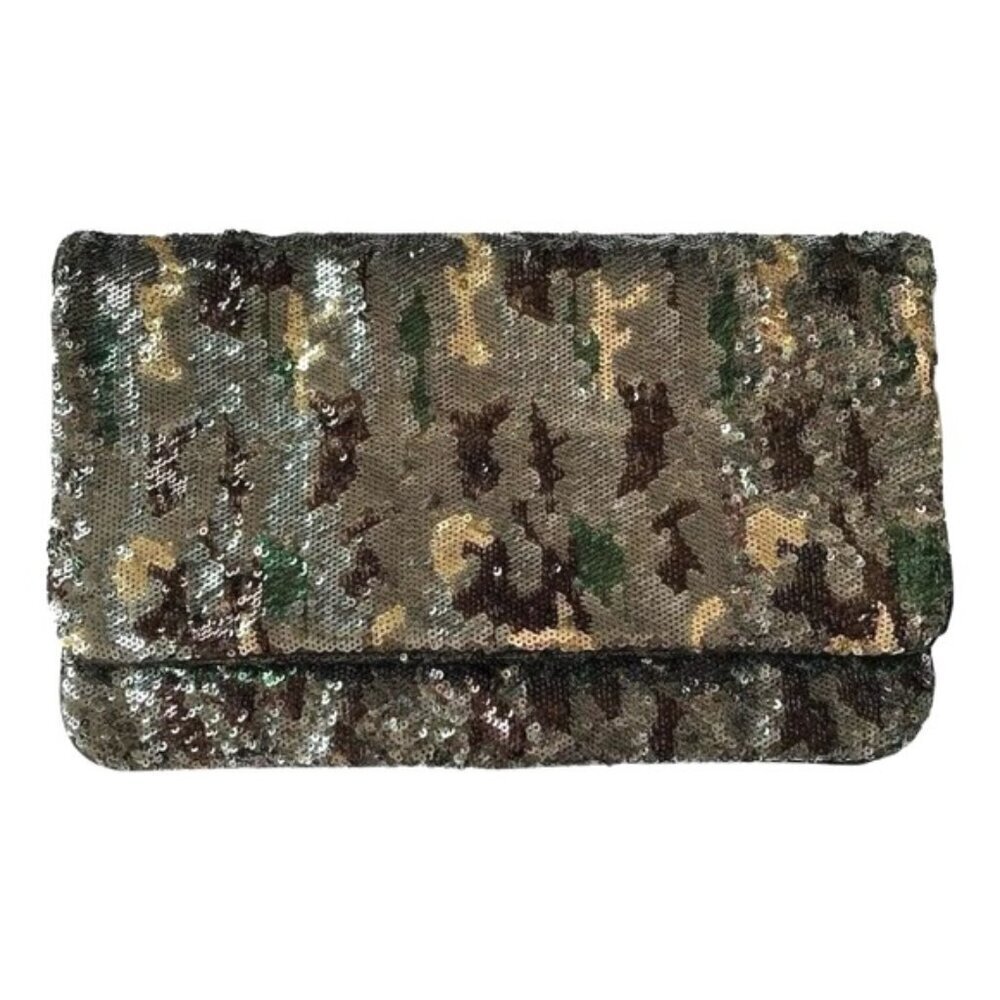 BCBGMAXAZRIA Sequin Camo Foldover Clutch Wallet Green Gold Brown Black Large NYE - Picture 3 of 9
